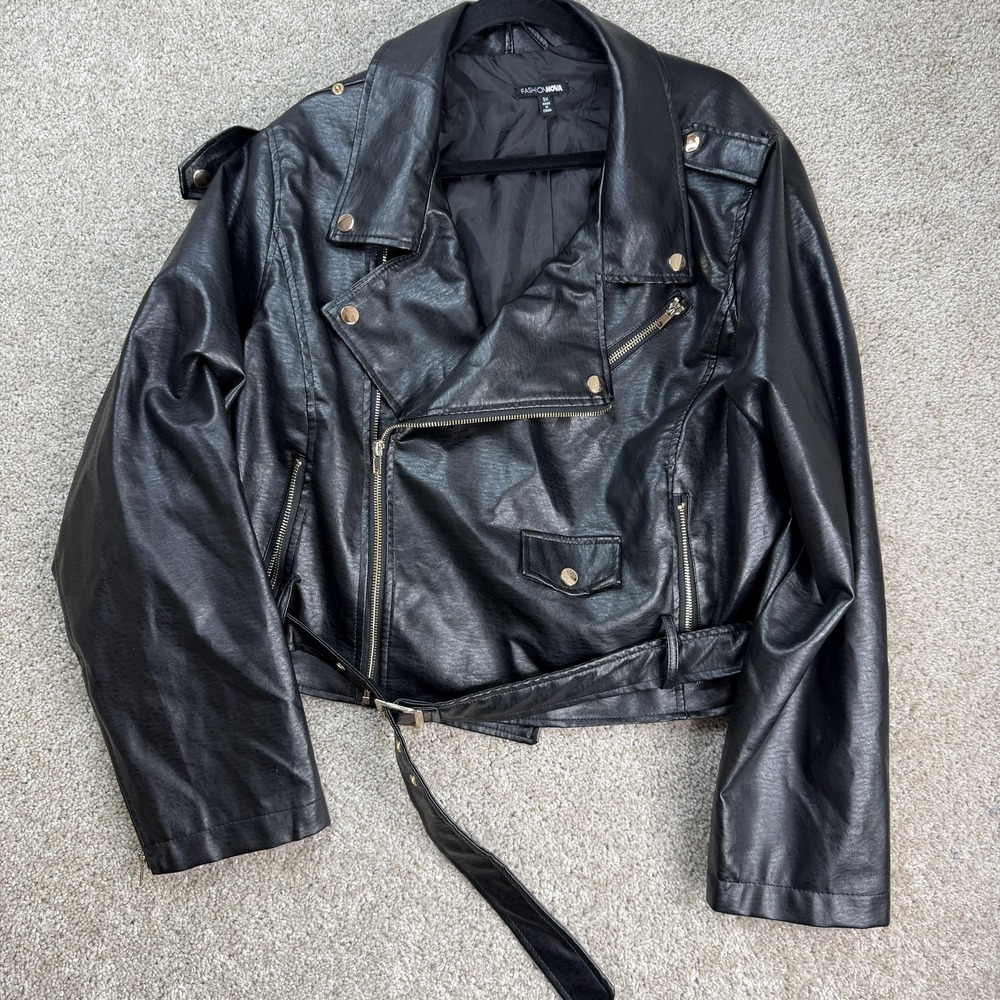 Fashion Nova Jacket Womens Plus 3X Black Faux Leather Moto Belted Zip Pockets